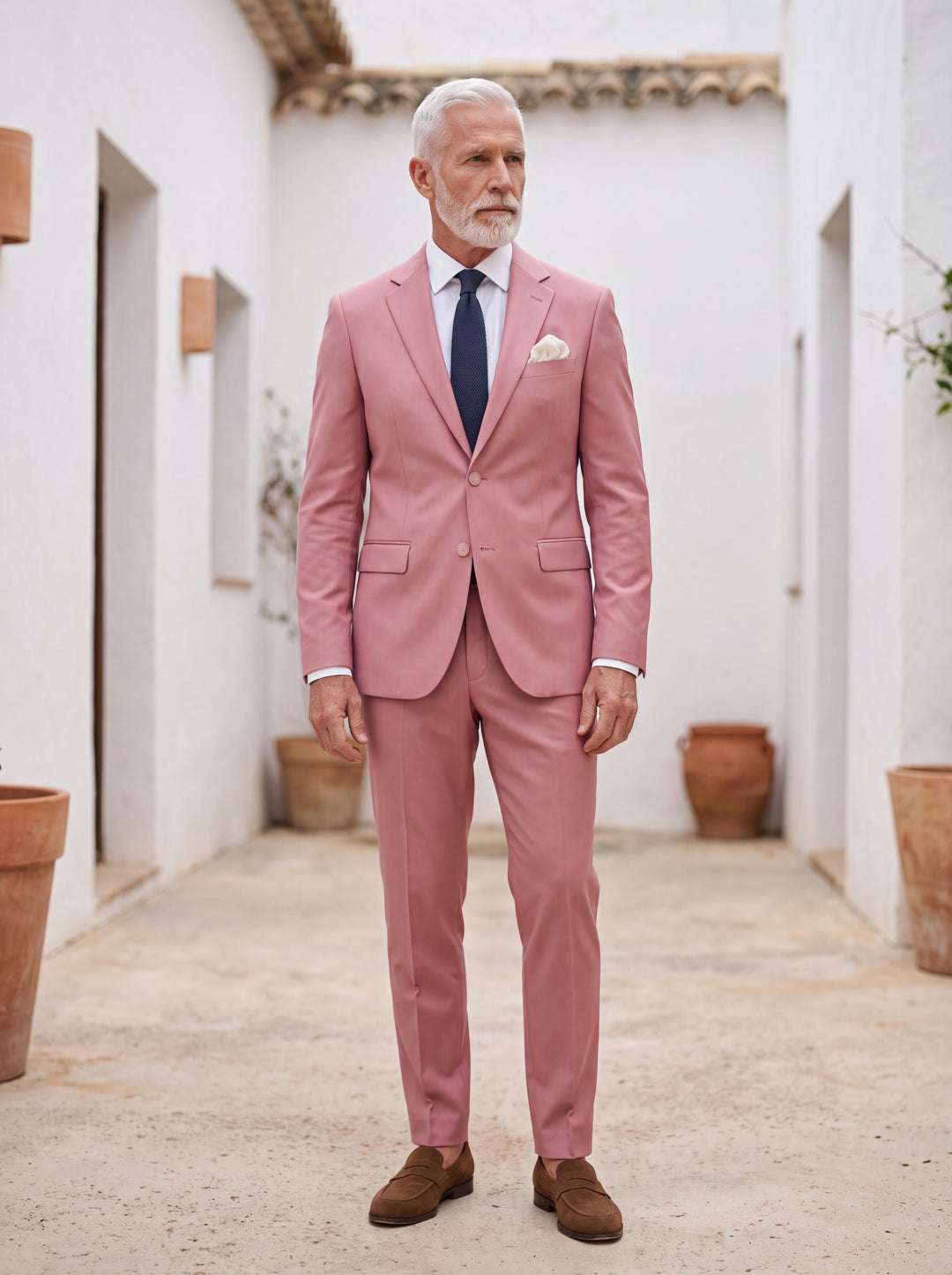 Fletcher Men two-piece suit in pink, worn by a model in a Mediterranean setting - Gentlemens Manor lifestyle