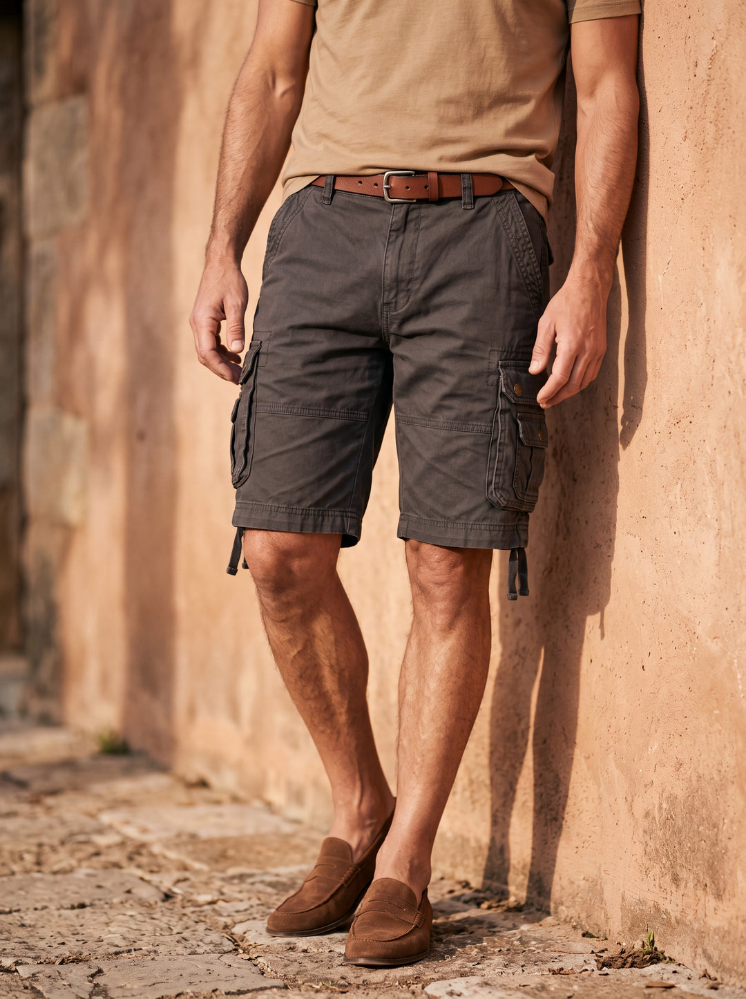 Fletcher Men summer shorts in charcoal, worn by a model in a Mediterranean setting - Gentlemens Manor lifestyle