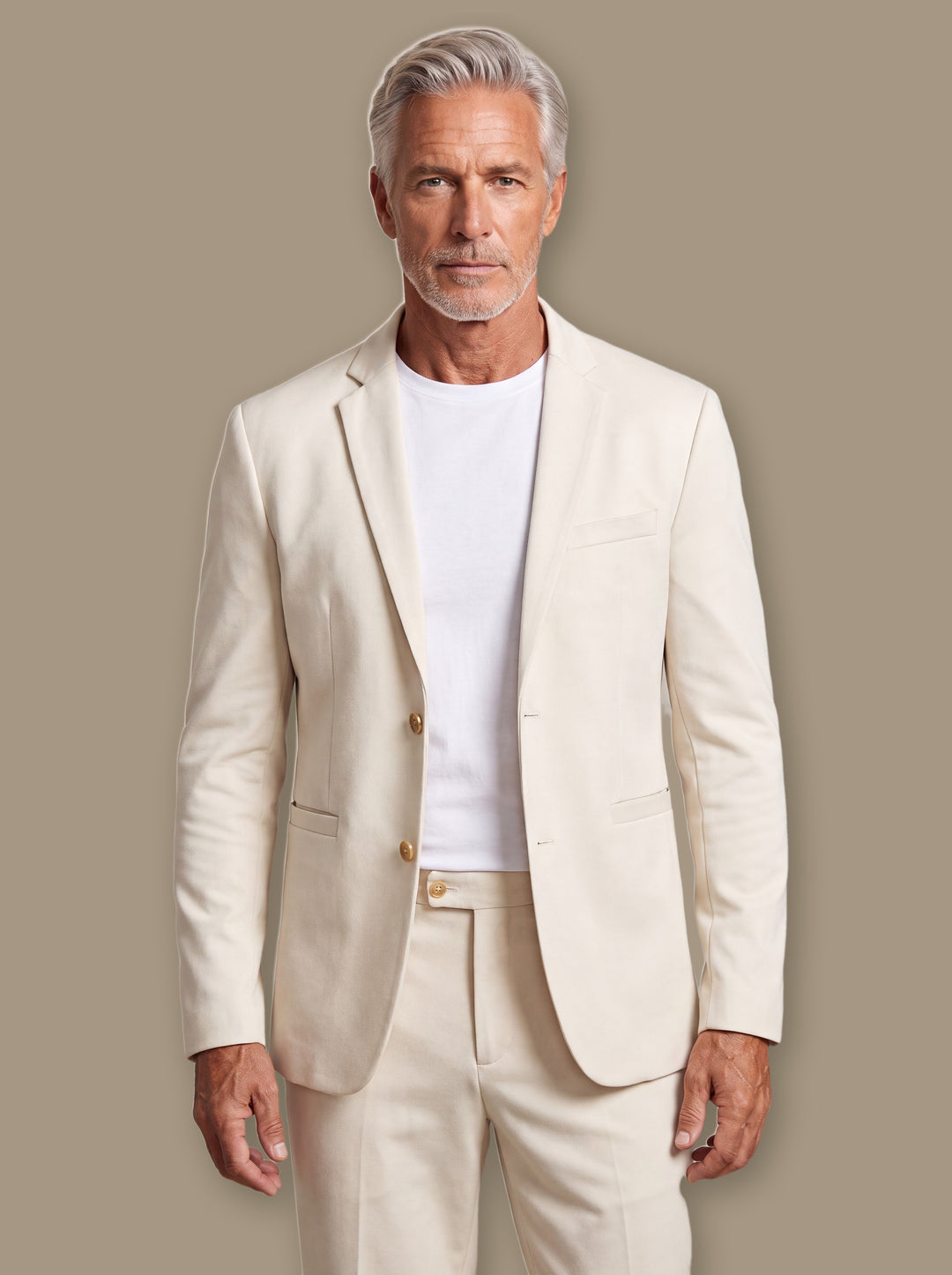 Fletcher two piece set in Beige, worn by a model on a warm taupe studio background - Gentlemens Manor