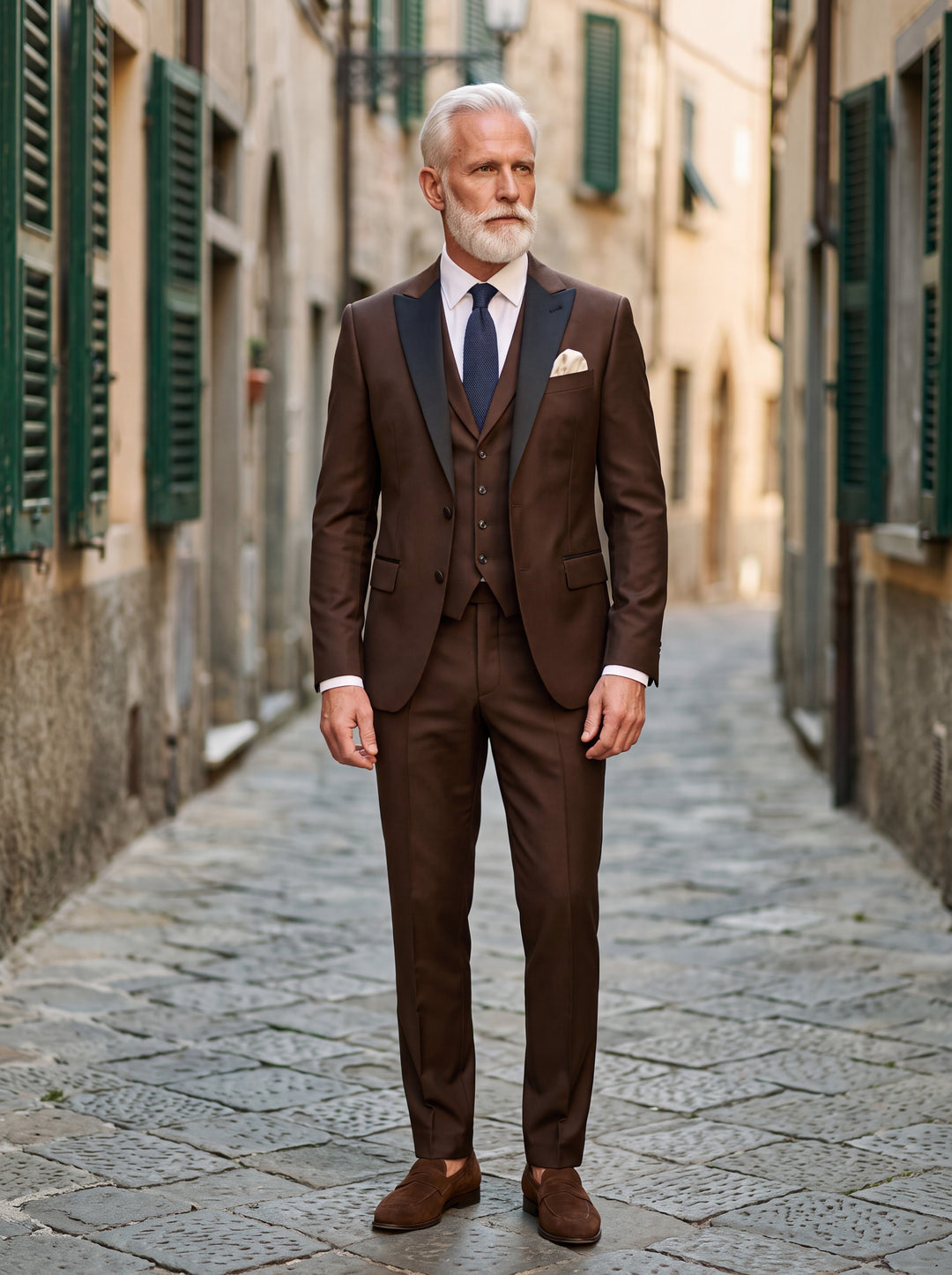 Floyd Men three-piece suit in brown, worn by a model in a Mediterranean setting - Gentlemens Manor lifestyle
