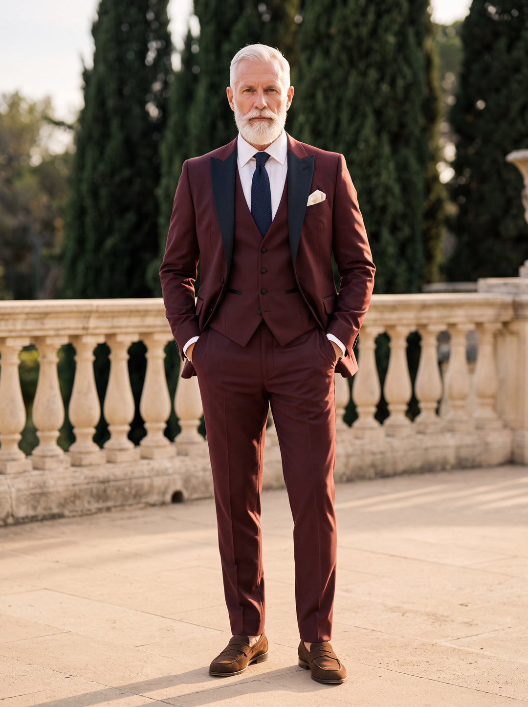 Floyd Men three-piece suit in burgundy, worn by a model in a Mediterranean setting - Gentlemens Manor lifestyle
