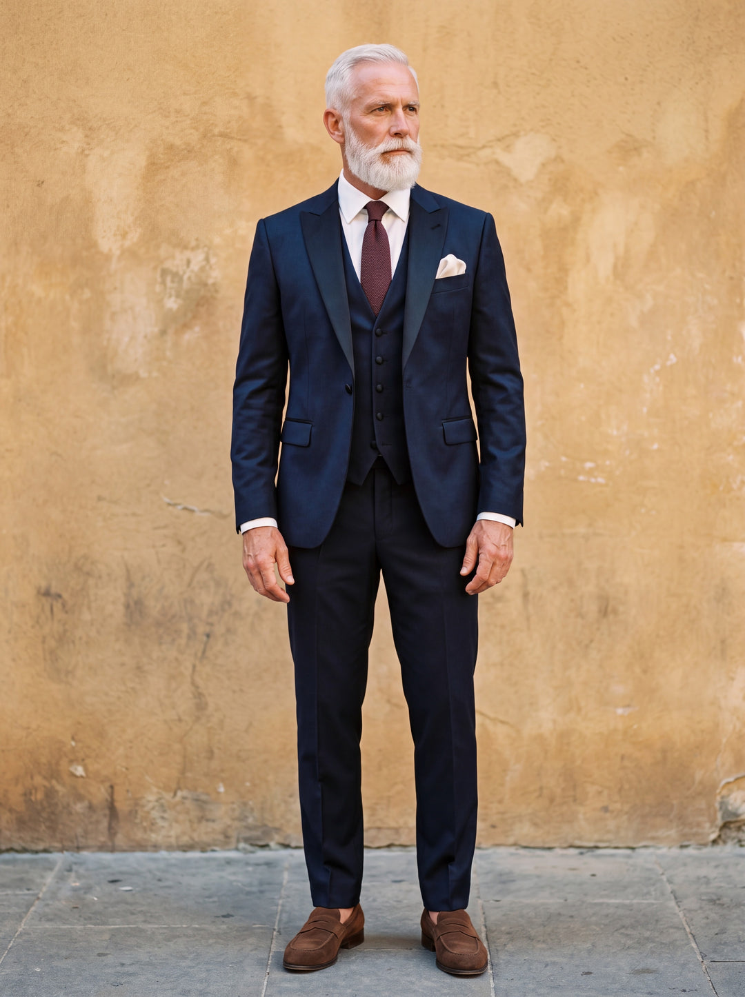 Floyd Men three-piece suit in navy, worn by a model in a Mediterranean setting - Gentlemens Manor lifestyle