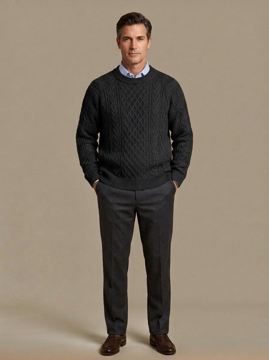 Forbes cable knit crew sweater in Black, studio, Gentlemens Manor