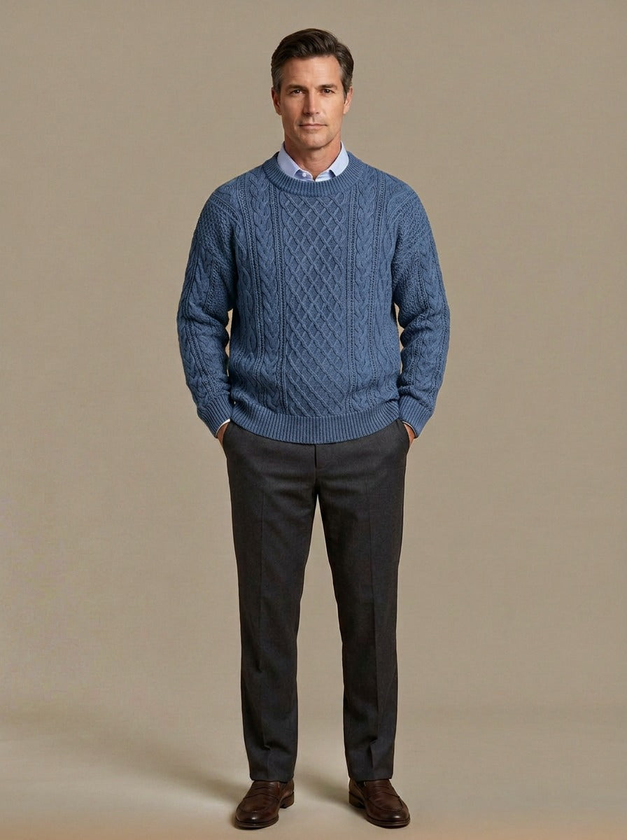 Forbes cable knit crew sweater in Blue, studio, Gentlemens Manor