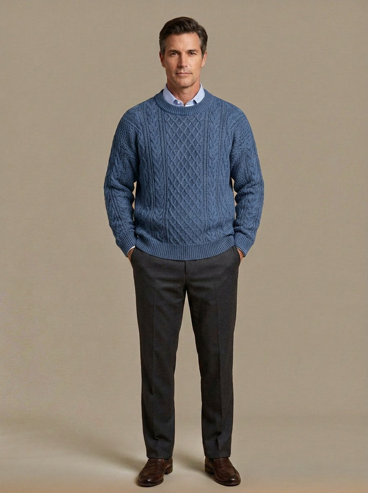 Forbes cable knit crew sweater in Blue, studio, Gentlemens Manor