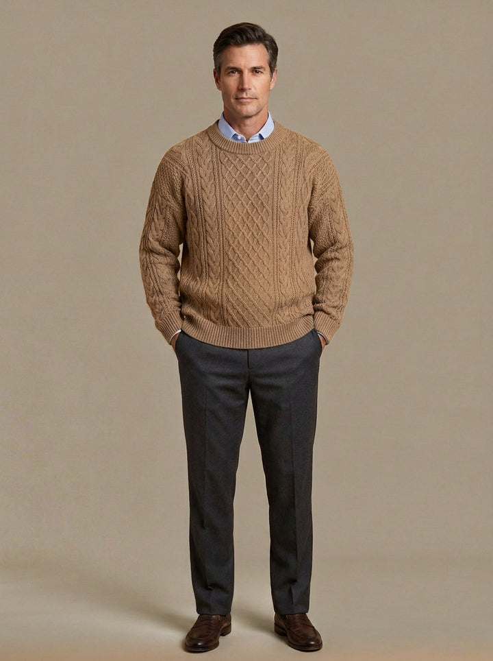 Forbes cable knit crew sweater in Camel, studio, Gentlemens Manor