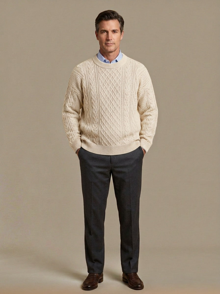 Forbes cable knit crew sweater in Cream, studio, Gentlemens Manor