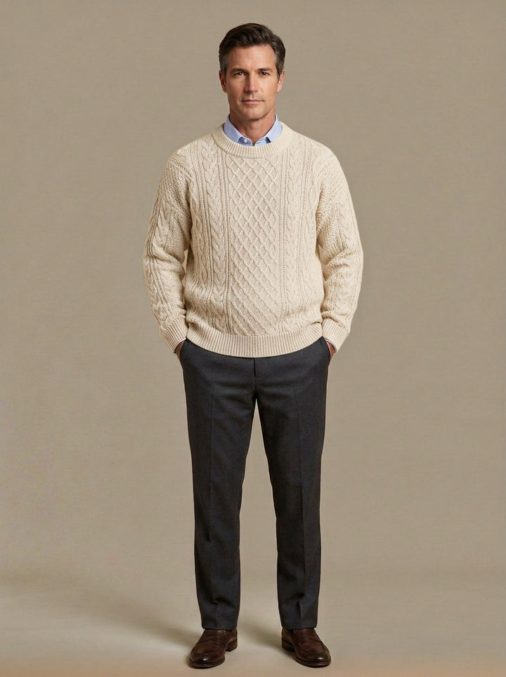 Forbes cable knit crew sweater in Cream, studio, Gentlemens Manor