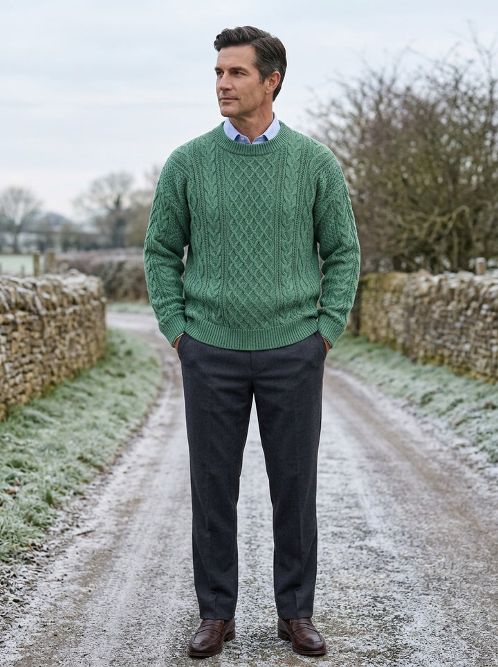 Forbes cable knit crew sweater in Green, lifestyle on a country lane, Gentlemens Manor