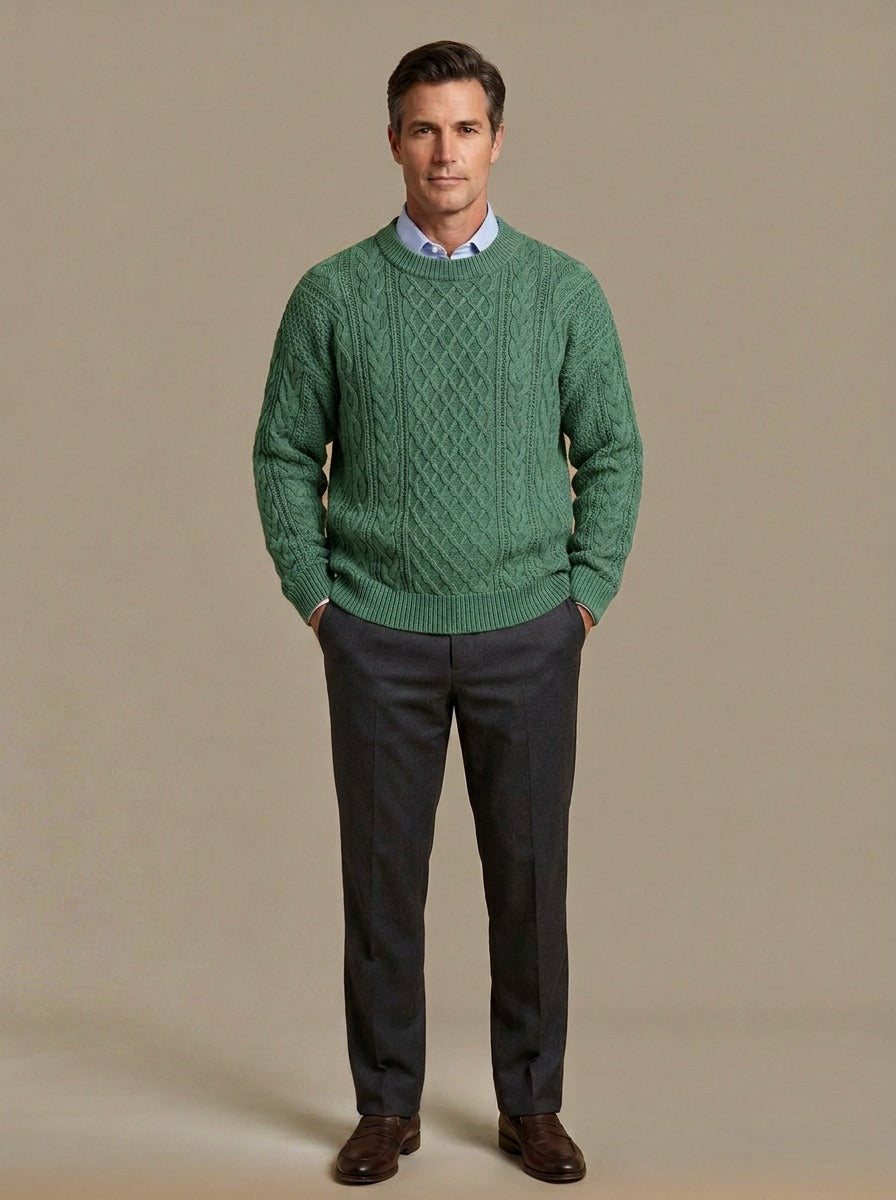 Forbes cable knit crew sweater in Green, studio, Gentlemens Manor