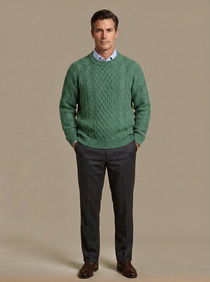 Forbes cable knit crew sweater in Green, studio, Gentlemens Manor