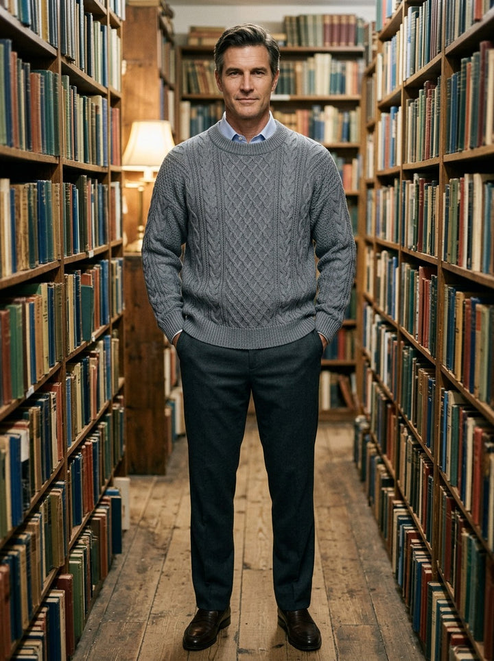 Forbes cable knit crew sweater in Grey, lifestyle in a secondhand bookshop, Gentlemens Manor