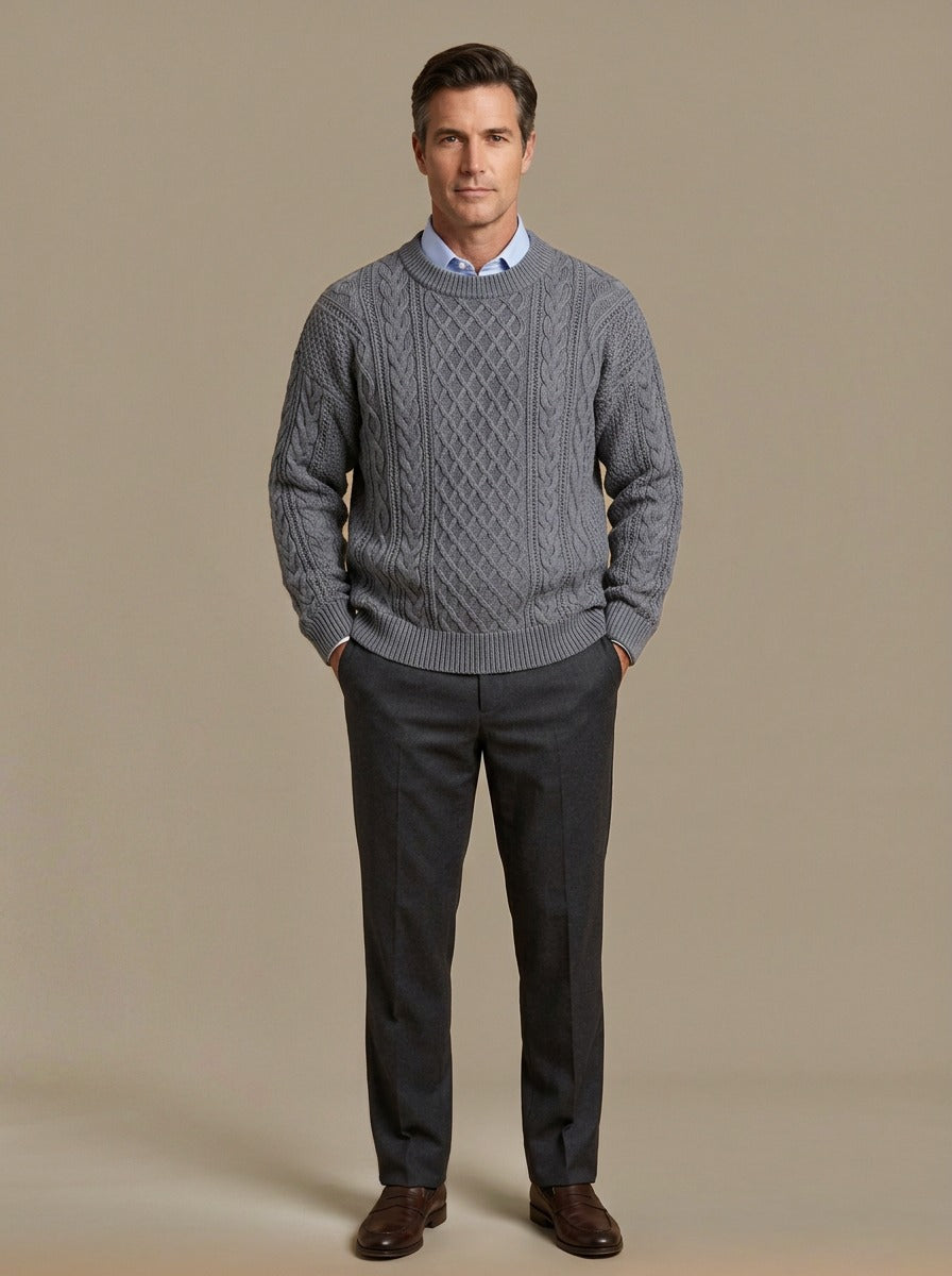Forbes cable knit crew sweater in Grey, studio, Gentlemens Manor