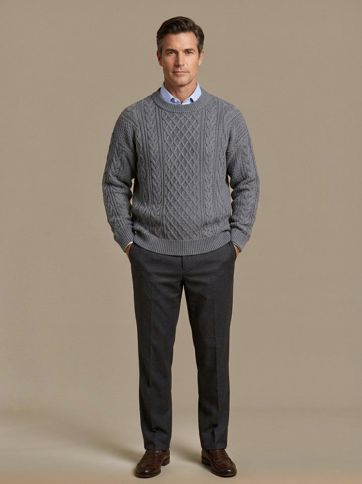 Forbes cable knit crew sweater in Grey, studio, Gentlemens Manor