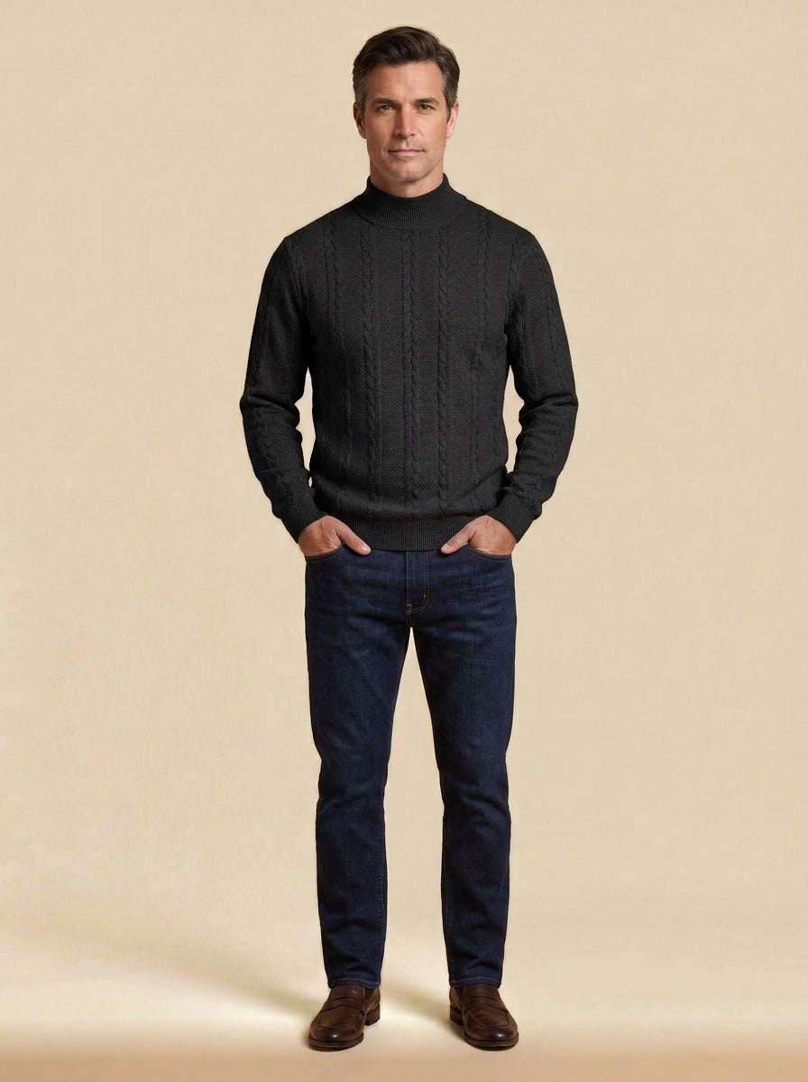 Fordham cable jacquard mock neck sweater in Black, studio, Gentlemens Manor