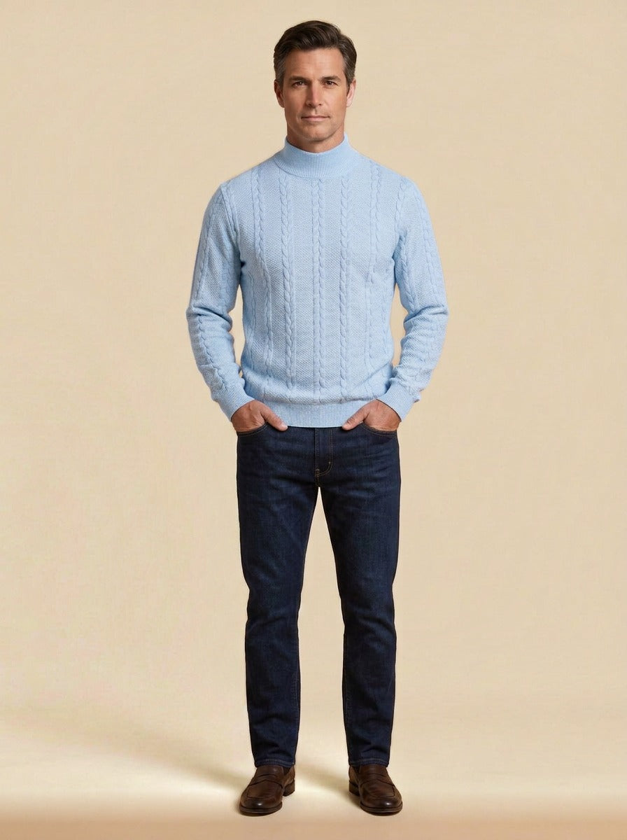 Fordham cable jacquard mock neck sweater in Light Blue, studio, Gentlemens Manor