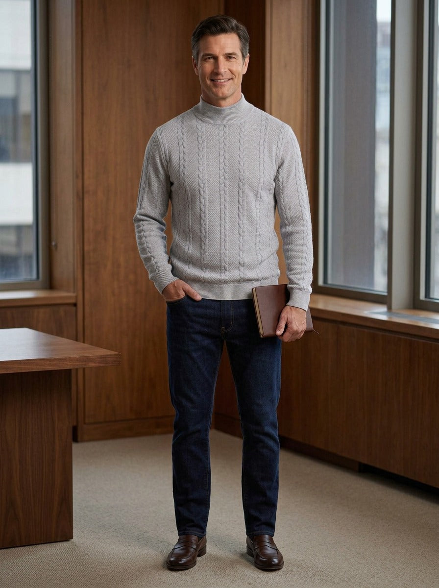 Fordham cable jacquard mock neck sweater in Light Grey, lifestyle in a timber paneled office, Gentlemens Manor