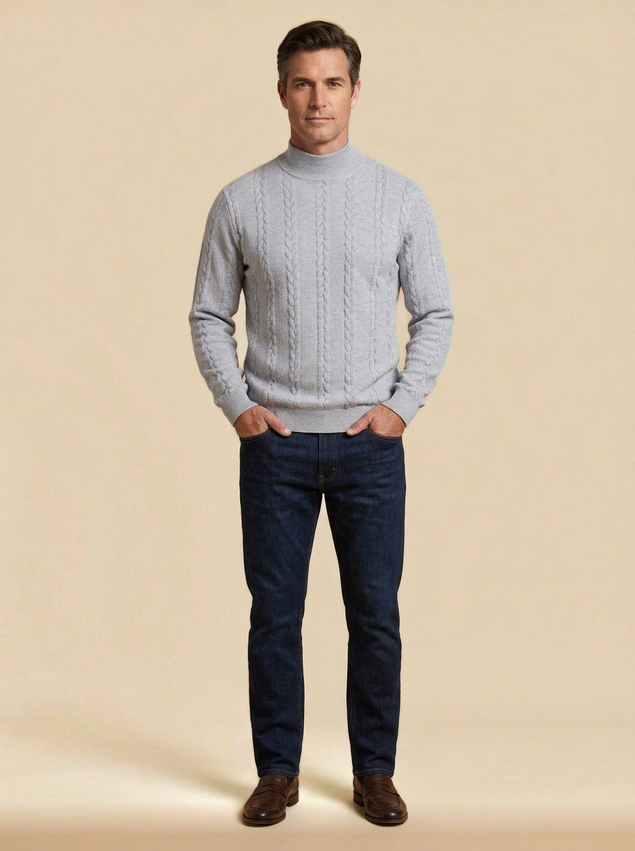 Fordham cable jacquard mock neck sweater in Light Grey, studio, Gentlemens Manor