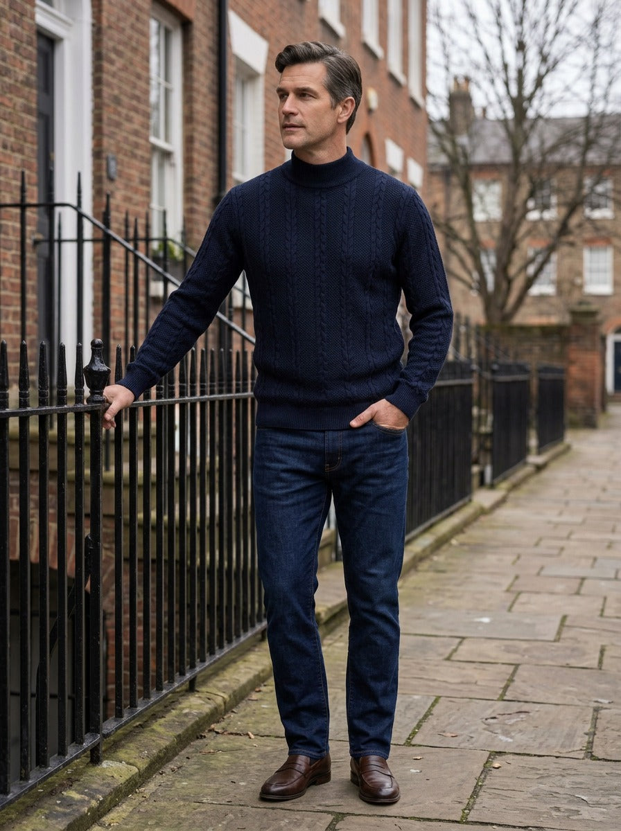 Fordham cable jacquard mock neck sweater in Navy, lifestyle on a street of brick row houses, Gentlemens Manor