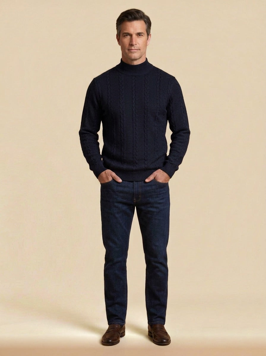 Fordham cable jacquard mock neck sweater in Navy, studio, Gentlemens Manor