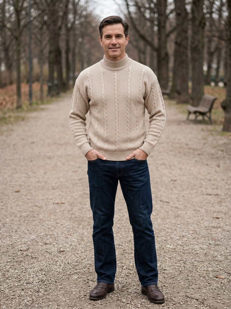 Fordham cable jacquard mock neck sweater in Sand, lifestyle on a park path, Gentlemens Manor