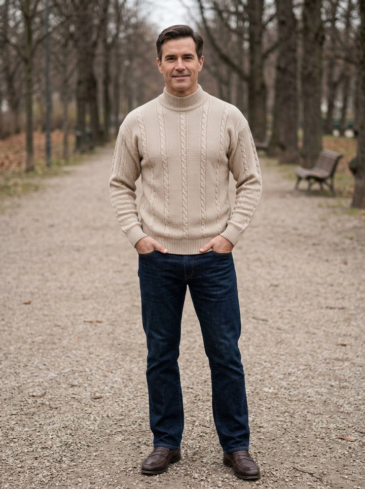 Fordham cable jacquard mock neck sweater in Sand, lifestyle on a park path, Gentlemens Manor
