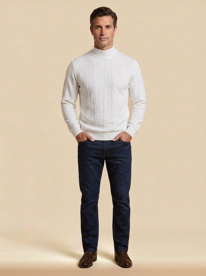 Fordham cable jacquard mock neck sweater in White, studio, Gentlemens Manor
