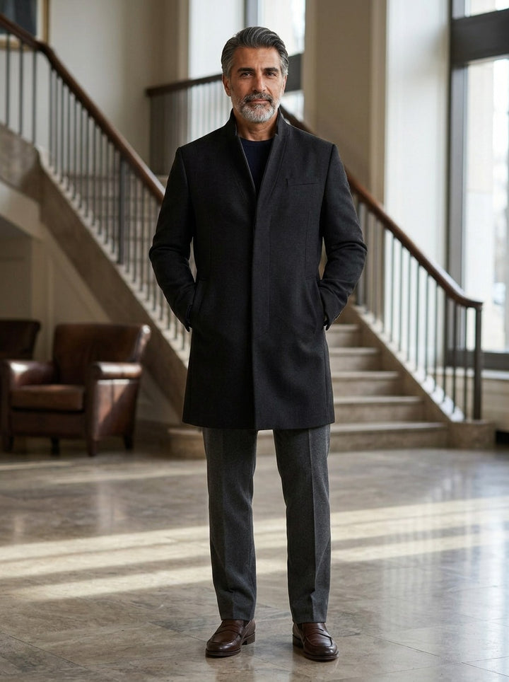 Forrester stand collar overcoat in Black, lifestyle in a hotel lobby, Gentlemens Manor