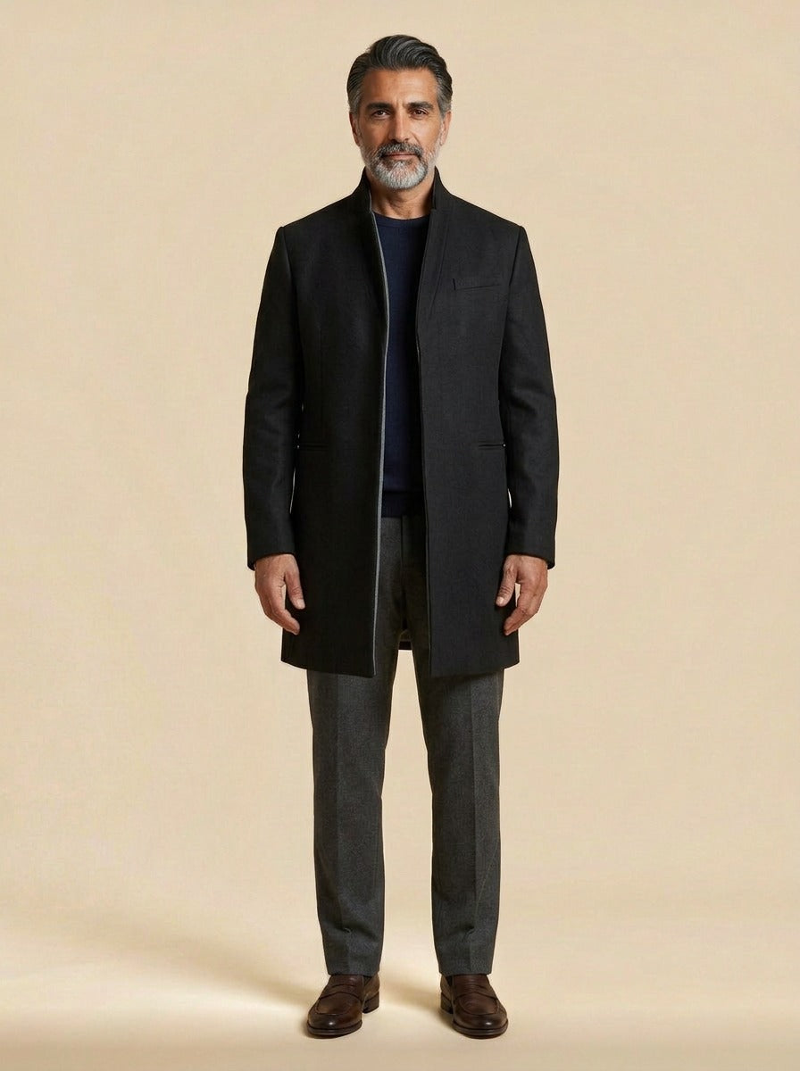 Forrester stand collar overcoat in Black, studio, Gentlemens Manor