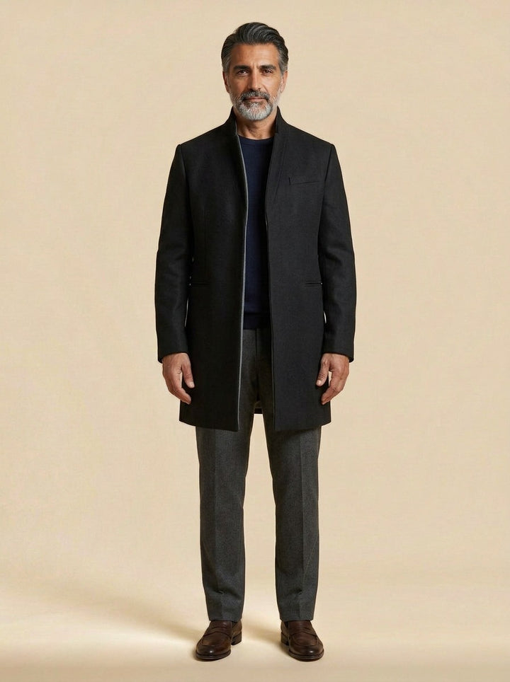 Forrester stand collar overcoat in Black, studio, Gentlemens Manor