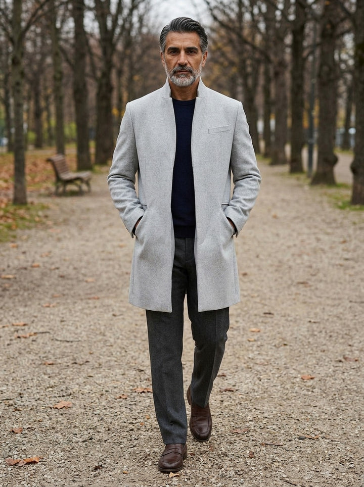 Forrester stand collar overcoat in Grey, lifestyle on a park path, Gentlemens Manor