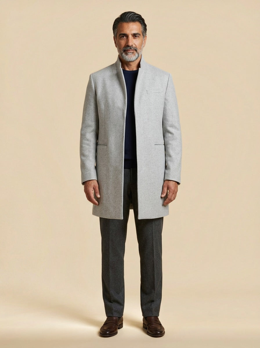 Forrester stand collar overcoat in Grey, studio, Gentlemens Manor