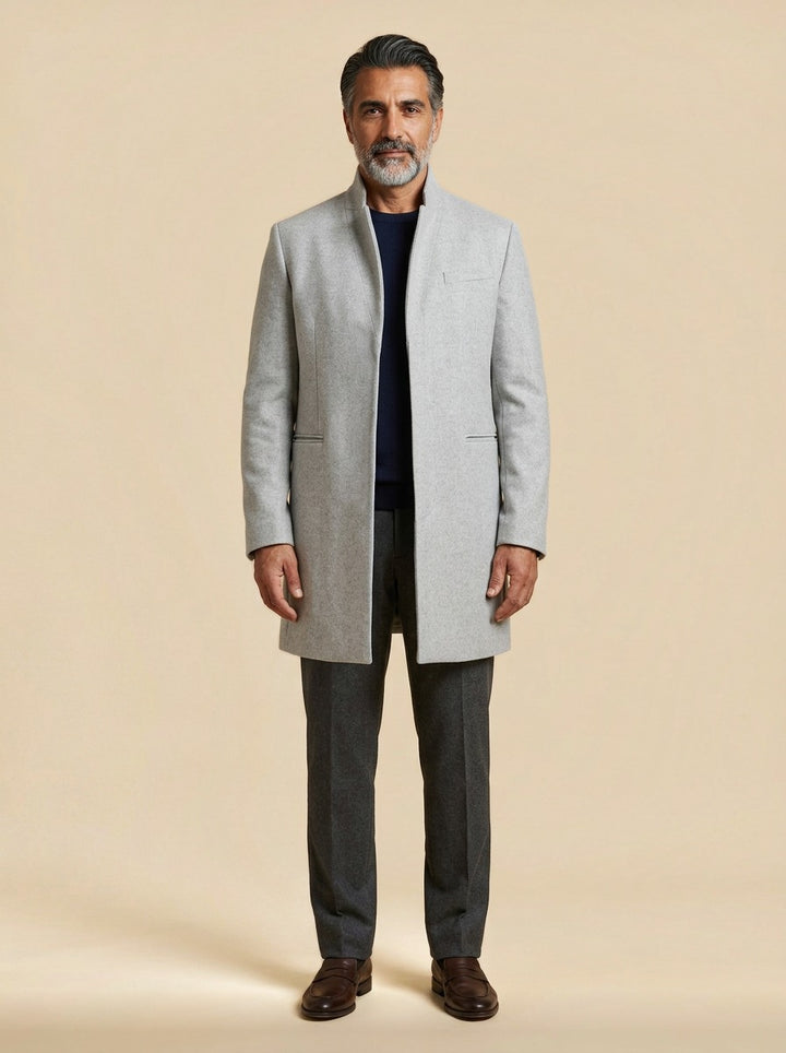 Forrester stand collar overcoat in Grey, studio, Gentlemens Manor
