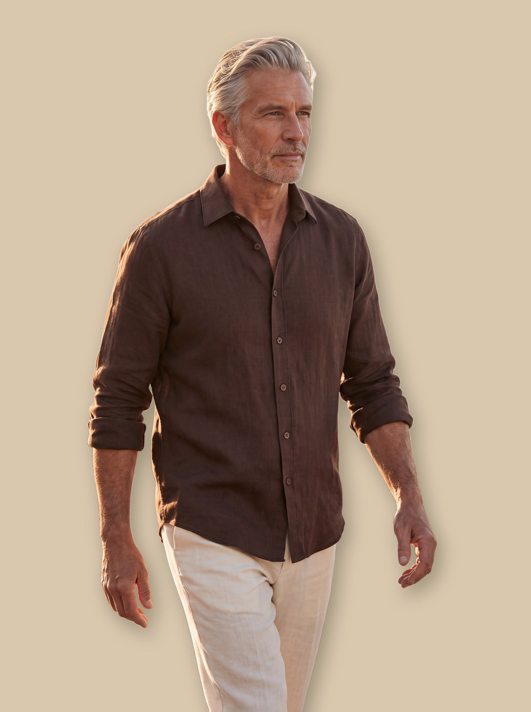 Forsyth linen shirt in Dark Brown, studio - Gentlemens Manor