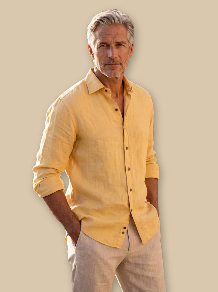 Forsyth linen shirt in Mustard, studio - Gentlemens Manor
