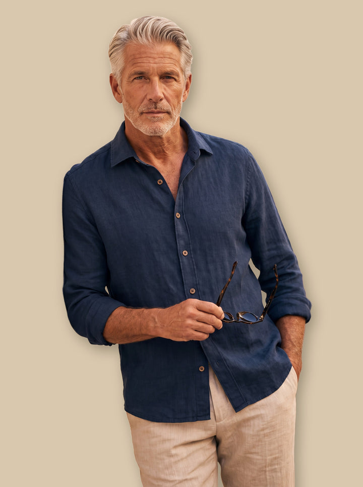 Forsyth linen shirt in Navy, studio - Gentlemens Manor