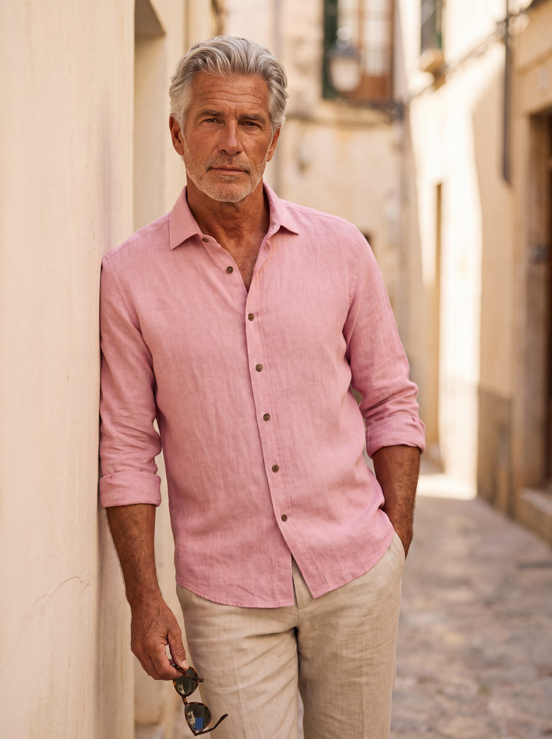 Forsyth Men linen shirt in pink, worn by a model on a Mediterranean terrace - Gentlemens Manor lifestyle
