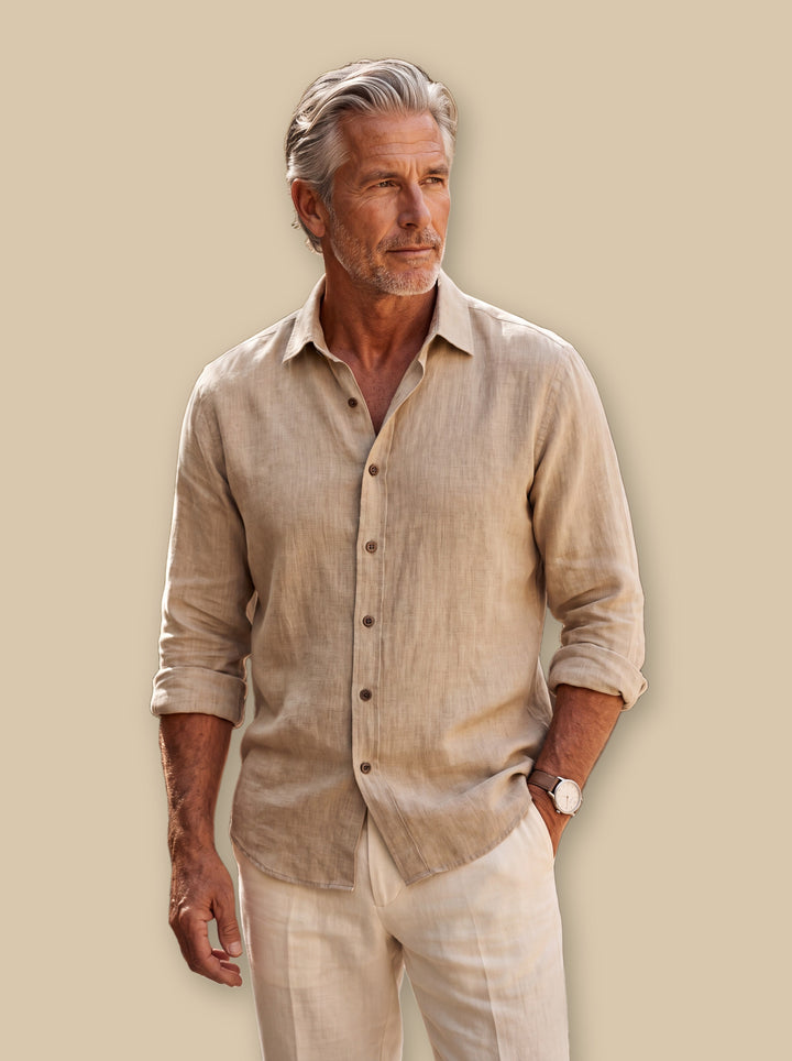 Forsyth linen shirt in Sand, studio - Gentlemens Manor