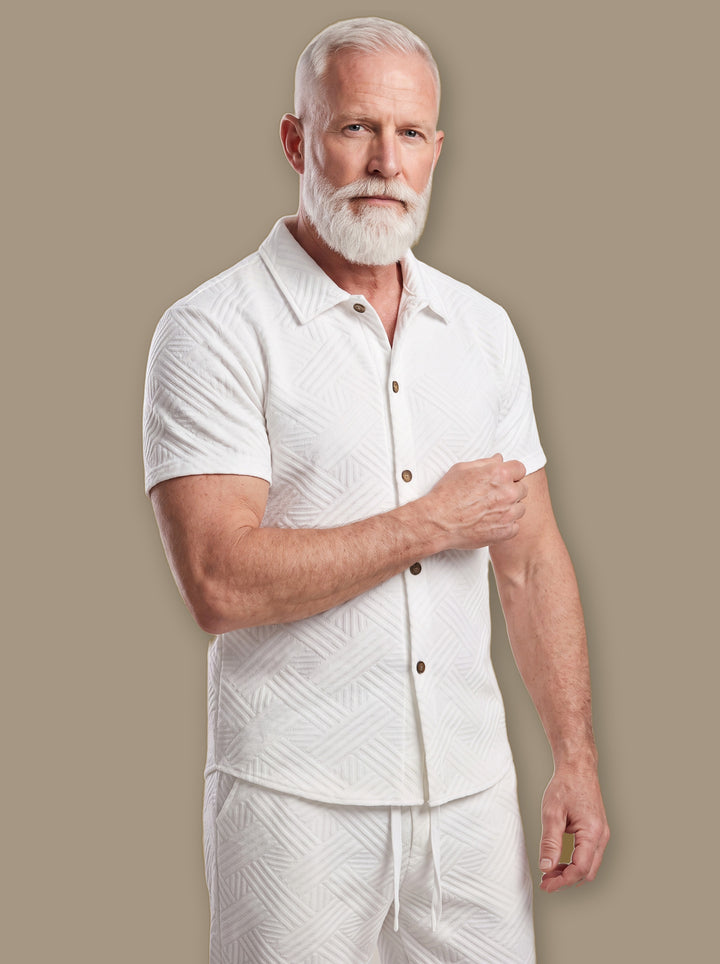 Foster two piece set in White, worn by a model on a warm taupe studio background - Gentlemens Manor