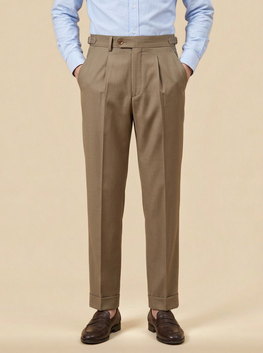 Fowler side adjuster high waist trousers in Brown, studio, Gentlemens Manor