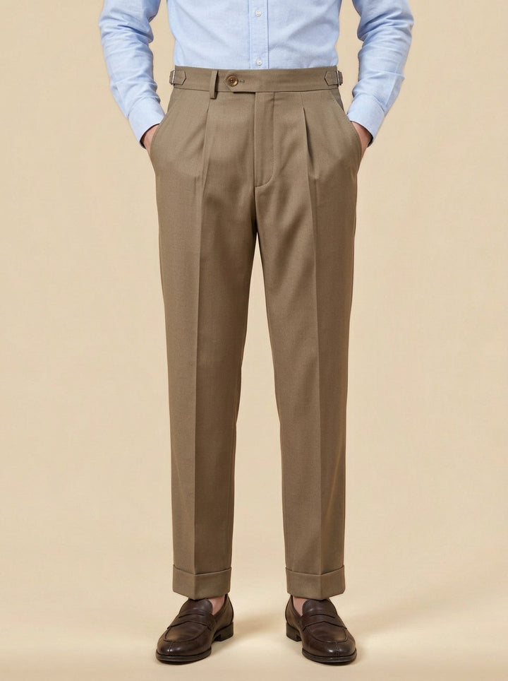Fowler side adjuster high waist trousers in Brown, studio, Gentlemens Manor