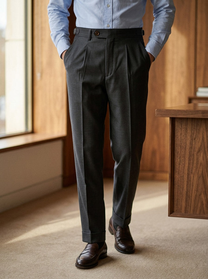 Fowler side adjuster high waist trousers in Charcoal, lifestyle in a timber paneled office, Gentlemens Manor