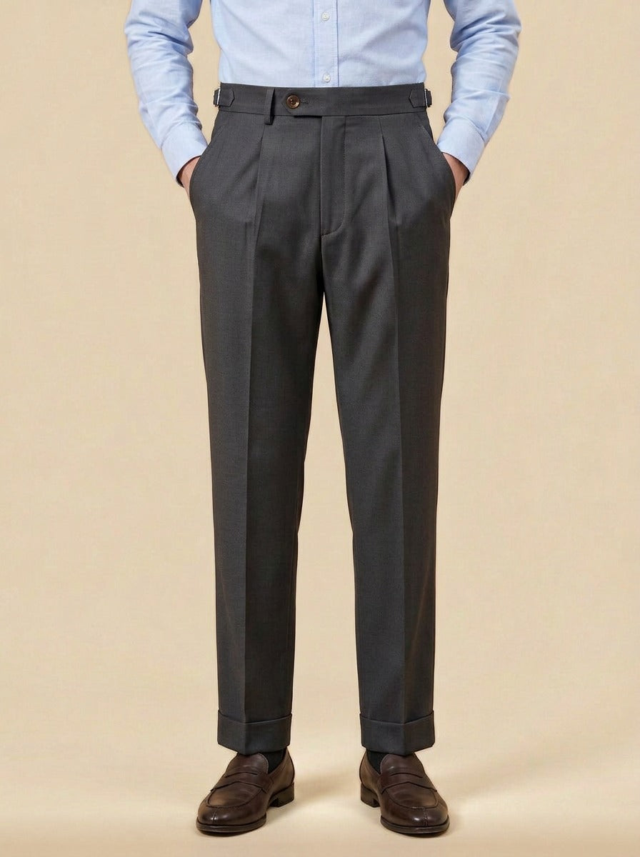 Fowler side adjuster high waist trousers in Charcoal, studio, Gentlemens Manor