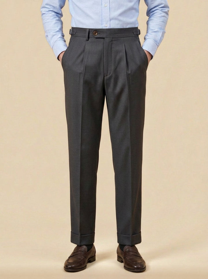 Fowler side adjuster high waist trousers in Charcoal, studio, Gentlemens Manor