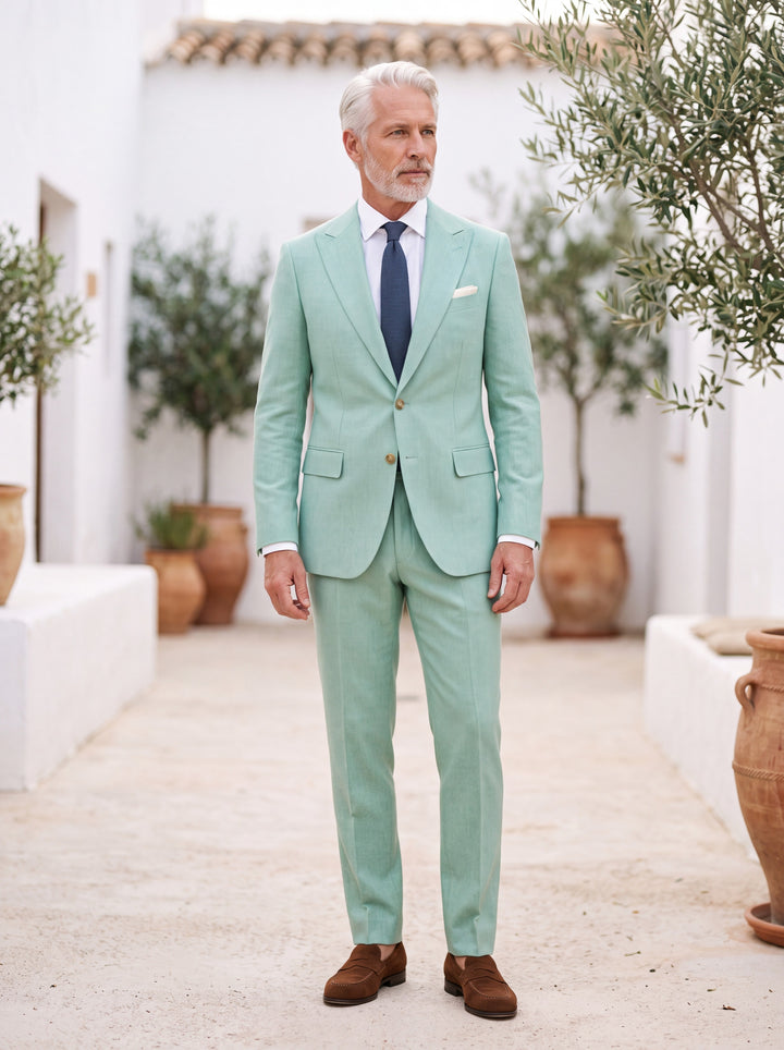 Franklin Men two-piece suit in green, worn by a model in a Mediterranean setting - Gentlemens Manor lifestyle