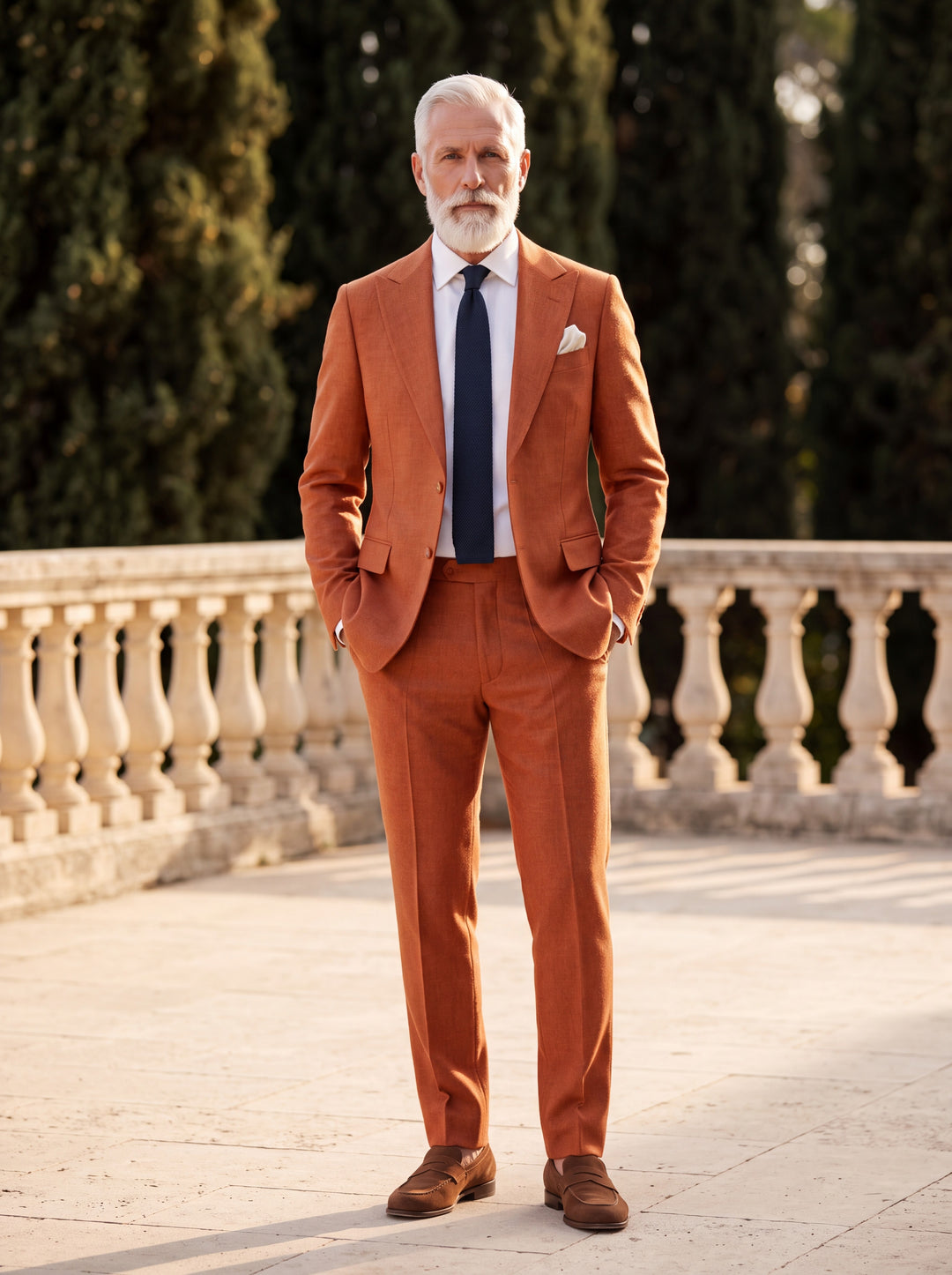 Franklin Men two-piece suit in orange, worn by a model in a Mediterranean setting - Gentlemens Manor lifestyle