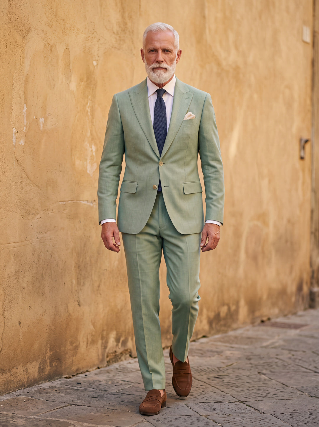 Franklin Men two-piece suit in sage, worn by a model in a Mediterranean setting - Gentlemens Manor lifestyle