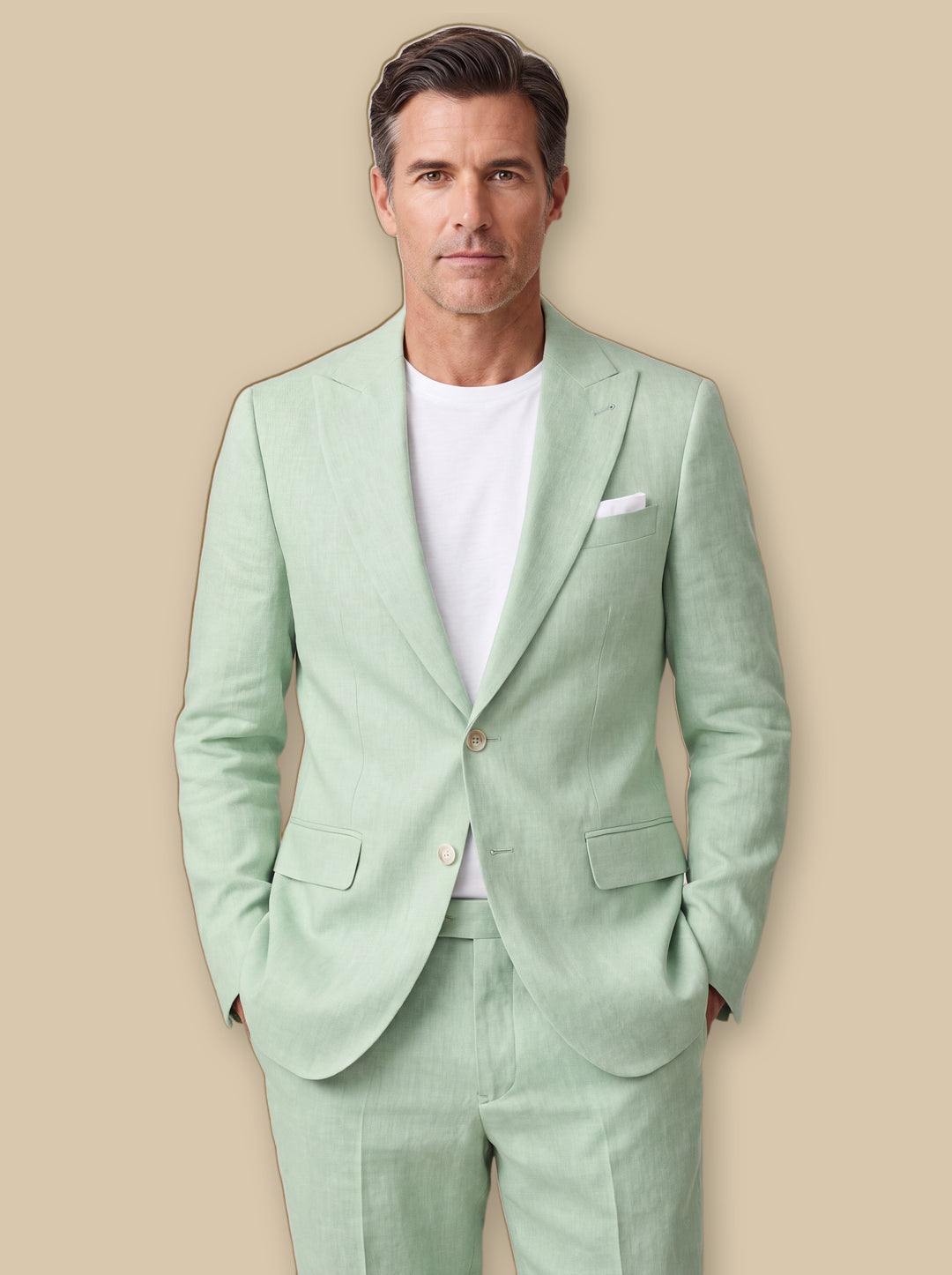 Franklin two piece set in sage, worn by a model on a warm sand studio background - Gentlemens Manor