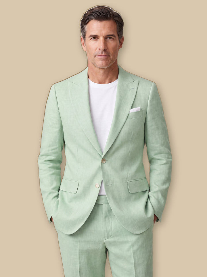 Franklin two piece set in sage, worn by a model on a warm sand studio background - Gentlemens Manor
