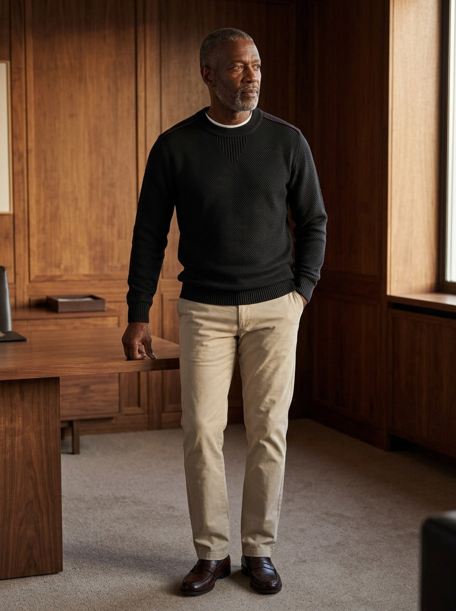 Fraser textured knit crew sweater in Black, lifestyle in a timber paneled office, Gentlemens Manor